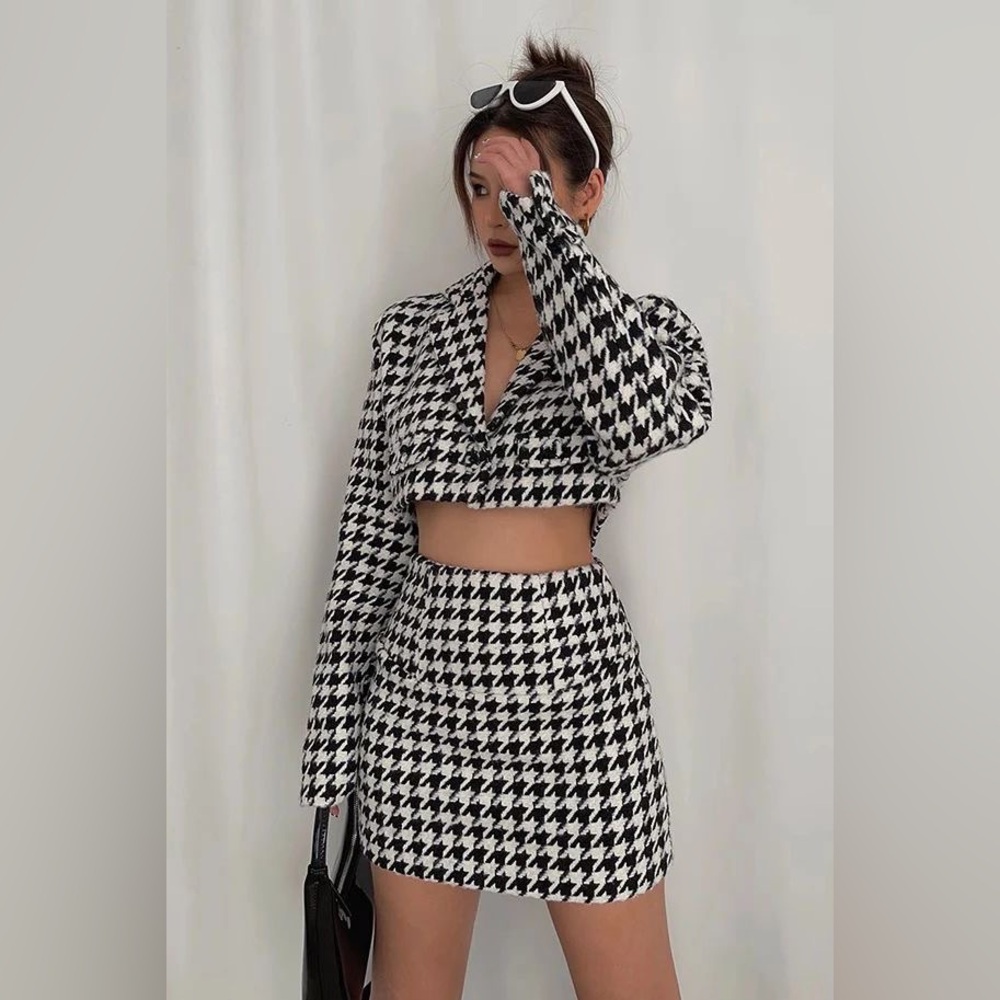 For Love Lemons Bonnie Cropped Blazer Mini Skirt Houndstooth Suit Set Size XS
